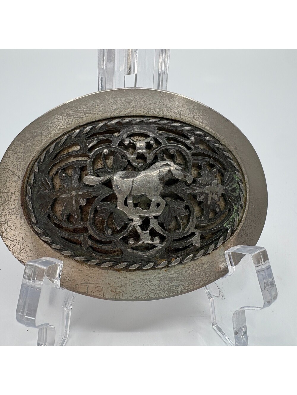 Vintage Handcrafted Horse Belt Buckle Oval Silver Tone Western Equestrian